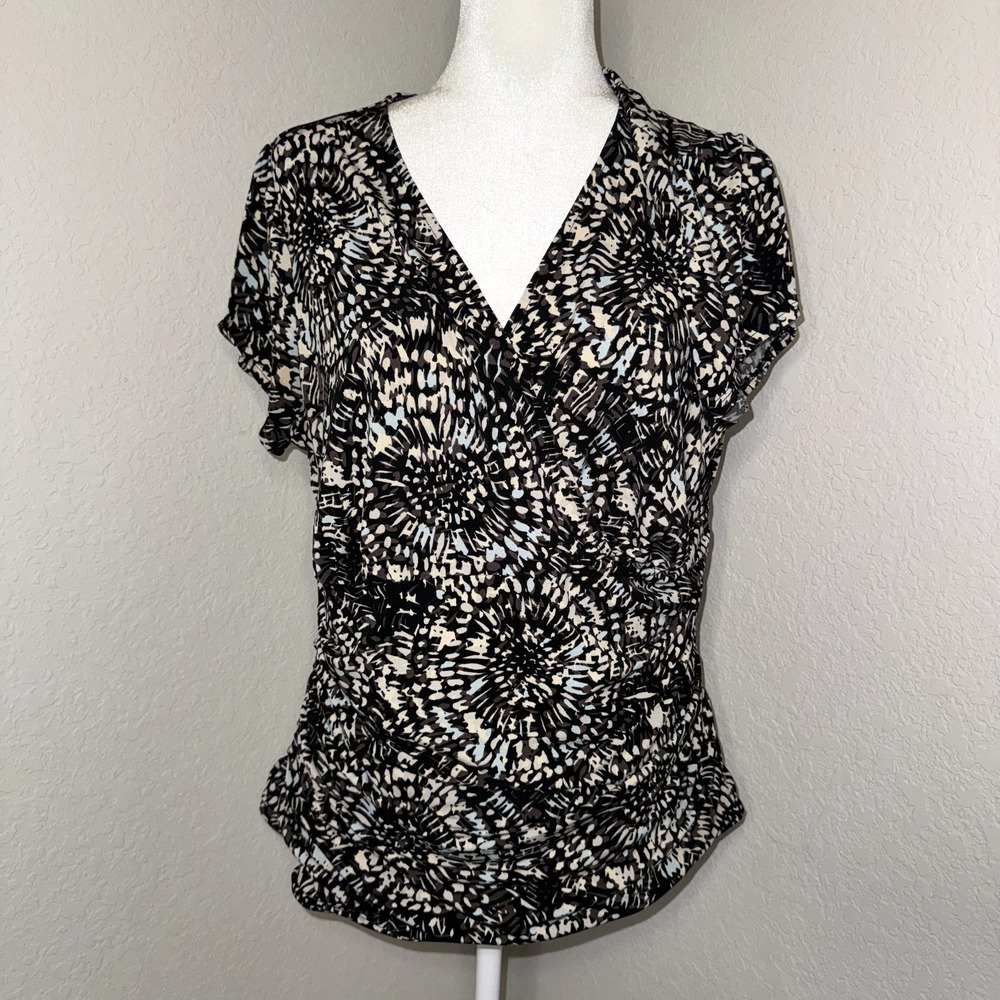 Y2K Relativity Tunic Top Women's 1X Black White Swirl Print Short Sleeve V-Neck